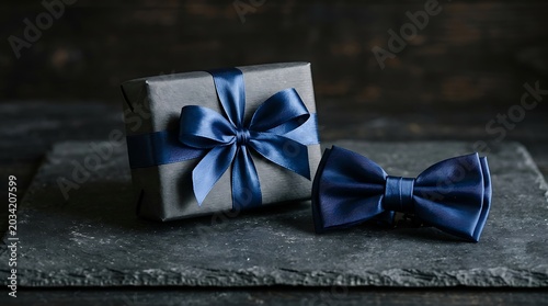 Gift box with blue ribbon and matching bow on slate