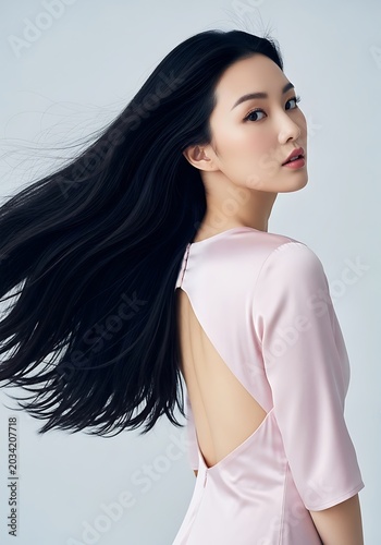 Elegant young east asian woman with long flowing dark hair in a pink open-back dress, attractive