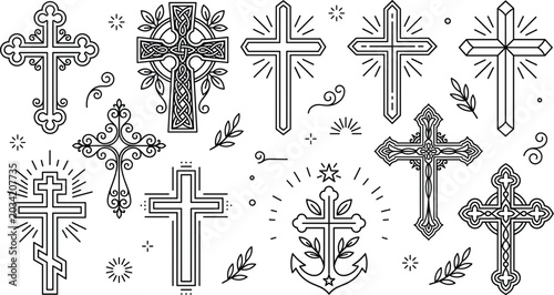 Bild auf Leinwand Christian cross vector icon set with Celtic Orthodox anchor and decorative line