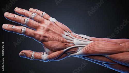 Detailed 3D rendering of human hand and forearm anatomy, showcasing muscles, tendons, and bones against a dark background, for human muscular system education.