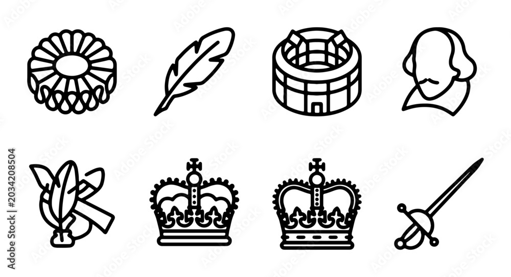 Εκτύπωση καμβά Shakespearean Icons Set, Royal Symbols, Stratford-upon-Avon Landmarks, Quill Pen