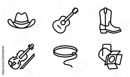 Photos Western Icons Set: Cowboy Hat, Guitar, Boot, Violin, Lasso, Spotlight, Country M
