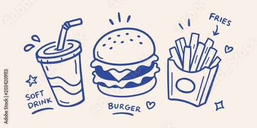 Fast Food Doodle Sketch Vector Set – Hand Drawn Burger, French Fries and Soft Drink Cartoon Illustration Collection, Trendy Navy Blue Fast-foo Icons, Snack Meal Takeaway Menu Design for Cafe, Restart