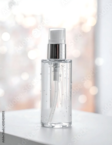 Transparent Cosmetic Pump Bottle Standing on White Surface with Soft Blurred Background
