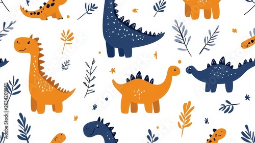 Seamless pattern cute dinosaurs design for nursery decor wallpaper fabric children textile printing art illustration.