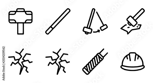 Construction Icons: Hammer, Hard Hat, Tools, and Cracks Vector Set for Safety and Repair