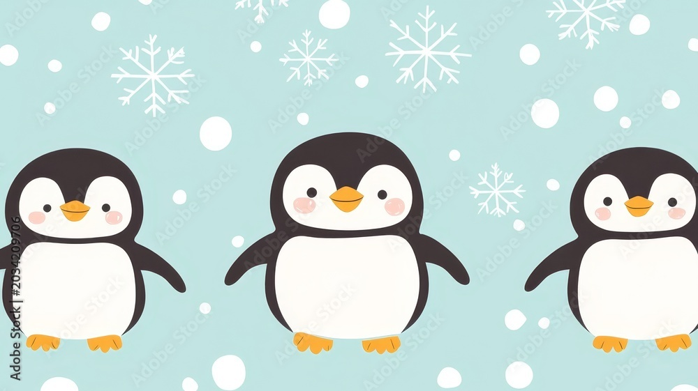 Obraz premium Three cute cartoon penguins standing together with falling snowflakes winter holiday season festive illustration.