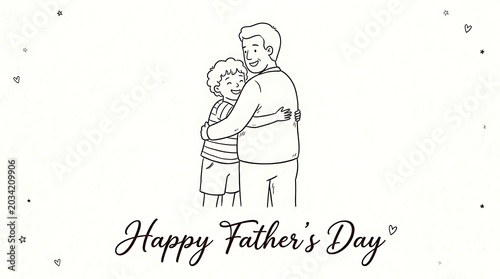 Line of a man and child hugging, with happy father's day text embracing
