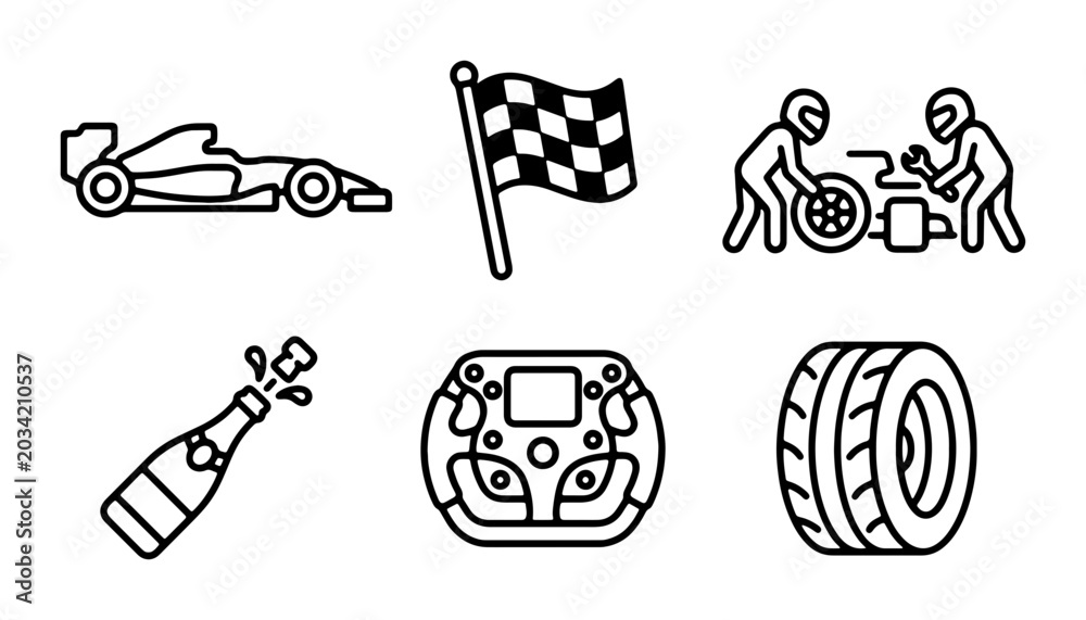 Obraz premium Formula 1 Racing Icons: Car, Pit Stop, Flag, Champagne, Wheel, Steering Wheel Set