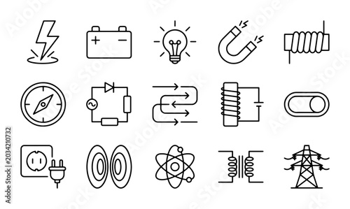 Photos Electrical Engineering Icons Set: Power, Circuitry, Magnetism, Energy Concepts