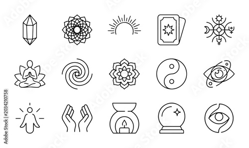 Foto Mystical Esoteric Icons Set, Spiritual Symbols, Yoga Meditation, Astrology, Taro