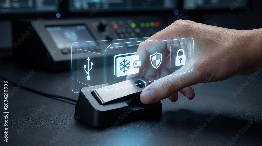 Naklejka premium Secure digital data storage and transfer concept with hand holding a USB drive displaying security icons on a holographic interface