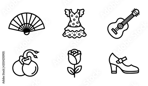 Flamenco Icons Set, Spanish Dancer Elements, Guitar, Rose, Fan, Shoes, Castanets Vector