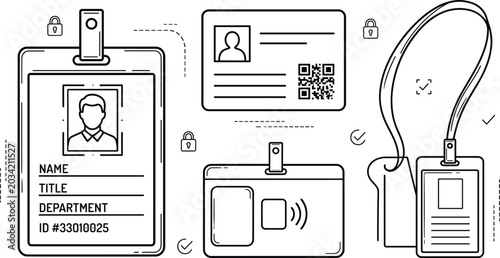 Tableau sur toile Corporate identification badge lanyard line art icon set doodle vector illustrat