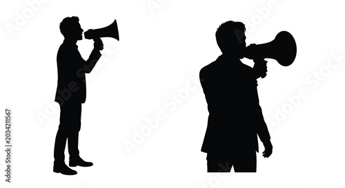 Tableau sur toile Man with megaphone speaking black silhouette against a white background silhouet
