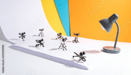 A whimsical school of miniature sentient scissors engaged in creative activity