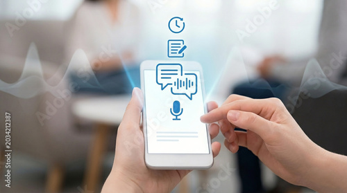 Person using a smartphone to record voice messages, a concept of communication and modern technology for information sharing