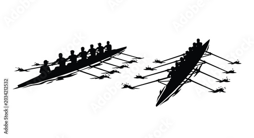 Φωτογραφία Rowing Boats With Crew And Oars Black Silhouette rowboat sculling oarsman boat w