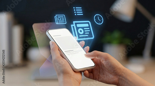 Hands holding a smartphone displaying a news feed with digital icons representing information, notifications, and time, showcasing a modern concept of news consumption