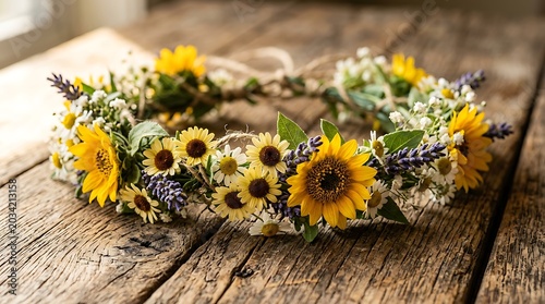 Rustic sunflower and lavender flower crown on wooden surface
