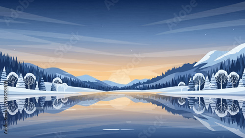 Bild auf Leinwand Winter landscape with frozen lake and snow-covered trees reflecting in the water at sunset