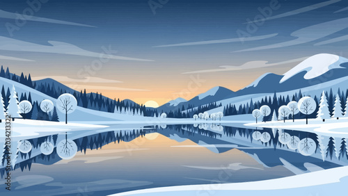 Schilderij op canvas Serene Winter Lake Reflecting Snow-Covered Mountains and Forest at Sunset