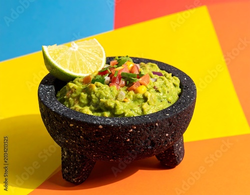 Fresh guacamole with lime and toppings in bowl