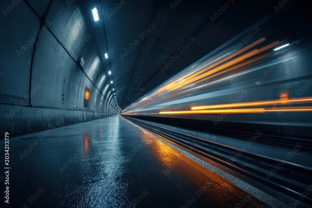 Fototapeta premium Dynamic scene of a train rushing through a tunnel with blue-toned lighting