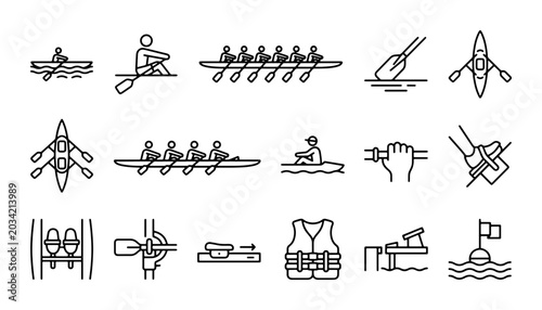 Foto Rowing and Kayaking Icons Set: Water Sports, Boats, Paddles, Life Vest, Nautical