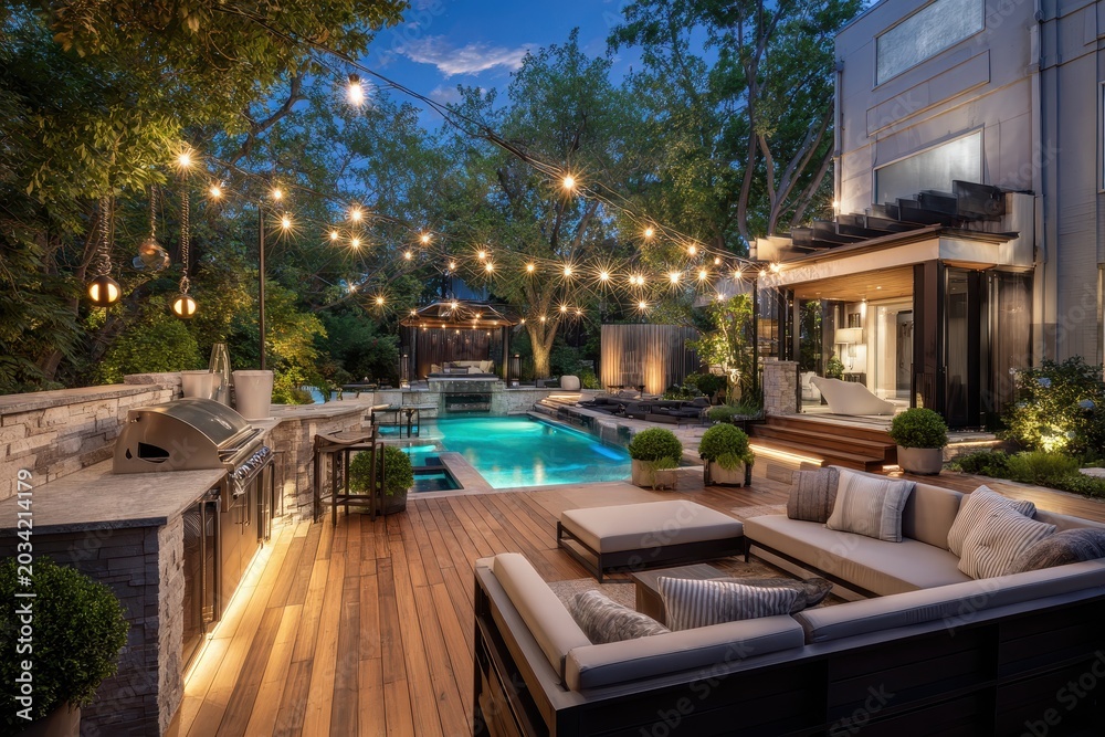 Fototapeta premium Elegant backyard oasis with stone countertops, outdoor dining, comfortable sofas, and a bright blue pool