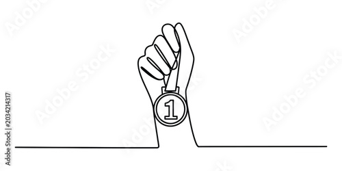 Foto Hand holding a number one gold medal continuous line drawing