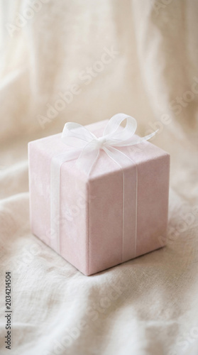 Soft pastel pink velvet gift box with sheer white ribbon on natural linen fabric for minimalist elegant wedding or baby shower present