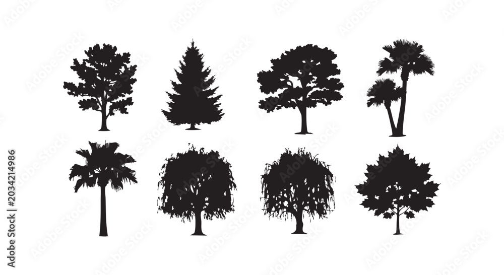 Fototapeta premium Set of eight diverse tree silhouettes including fir, oak, palm, and maple, representing various species.