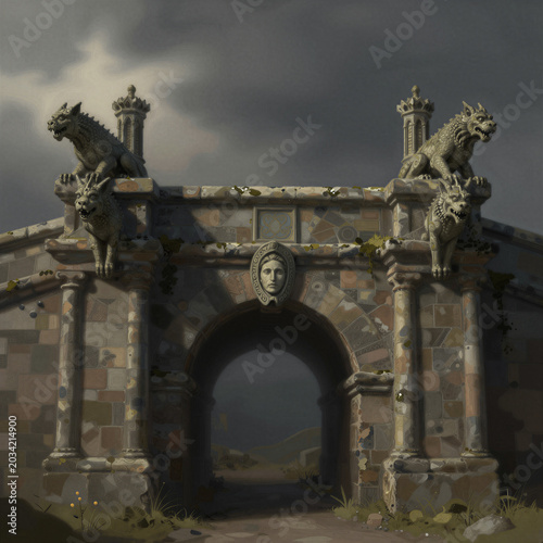 Ancient stone gate with gargoyle statues on pillars under dark, stormy skies in a dark fantasy illustration