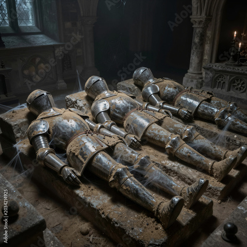 Ancient knight effigies lying on tombs in a dusty, gothic crypt with cobwebs and dim candlelight