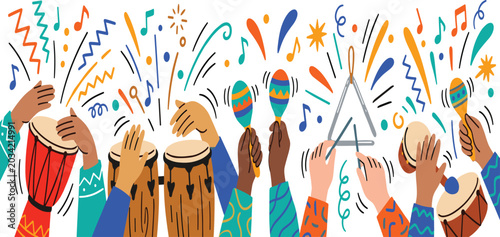 Photos Colorful percussion music background doodle banner with hands playing drums mara