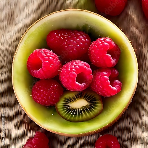 Fresh kiwi bowl filled with ripe raspberries