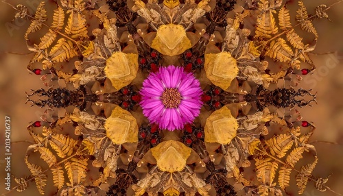Vibrant Pink Flower Centered in Symmetrical Autumn Leaf Mandala Pattern