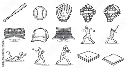 Photos Baseball Equipment and Players Doodle Sketch Collection