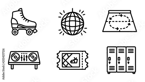 Photos Retro Roller Disco Icons: Skates, Disco Ball, DJ Deck, Ticket, Lockers, Rink