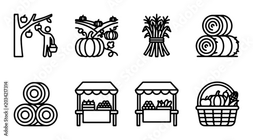 Foto Autumn Harvest Icons: Apple Picking, Pumpkins, Corn Stalks, Hay Bales, Market St