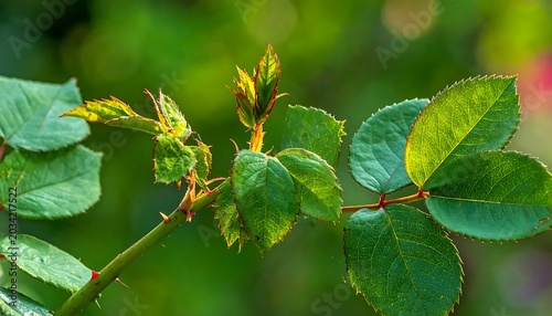 Fresh Green Rose Buds Growing on Thorny Stem in Garden