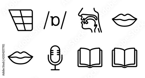 Fotografija Phonetics Icons Set: Speech Sounds, Mouth Shapes, Microphone, Open Books