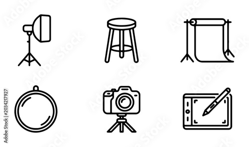 Fotografie Photography Studio Icons Set: Camera, Light, Backdrop, Tablet, Stool, Reflector