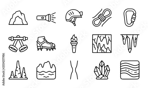 Photography Cave Exploration Icons: Gear, Formations, and Safety Equipment Vector Set