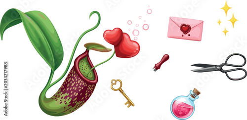 Tableau sur toile Tropical Pitcher Plant Vector Set with Flying Heart Shapes Love Letter Magic Pot