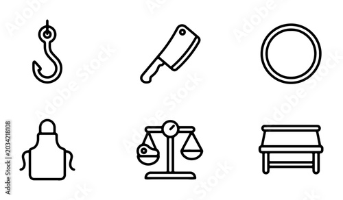 Photos Butcher Shop Icons: Meat Hook, Cleaver, Scale, Apron, Ring, Table Vector Set