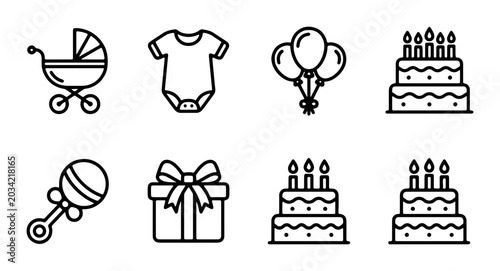 Fotografie Baby Shower Icons Set: Stroller, Onesie, Balloons, Gifts, Cakes, Rattle Vector G