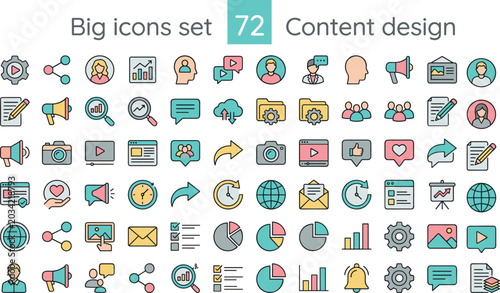 Obraz na plátně Content design outline icon set with media marketing communication analytics pub