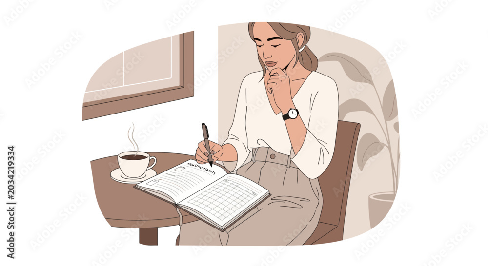 Fototapeta premium Woman writing in planner at cafe with coffee, planning, journaling, working remotely